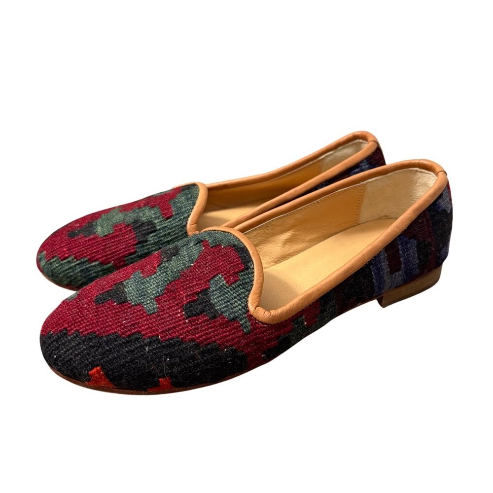Handmade Multicolor Kilim Wool Southwestern Slip On Loafer Shoes Womens Size 8